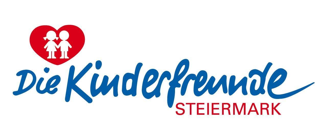 Das Logo der Kinderfreunde Steiermark zeigt ein rotes Herz mit zwei Kindern und steht für Fürsorge und Freundschaft. Der Text 'Kinderfreunde Steiermark' ist in Blau geschrieben.