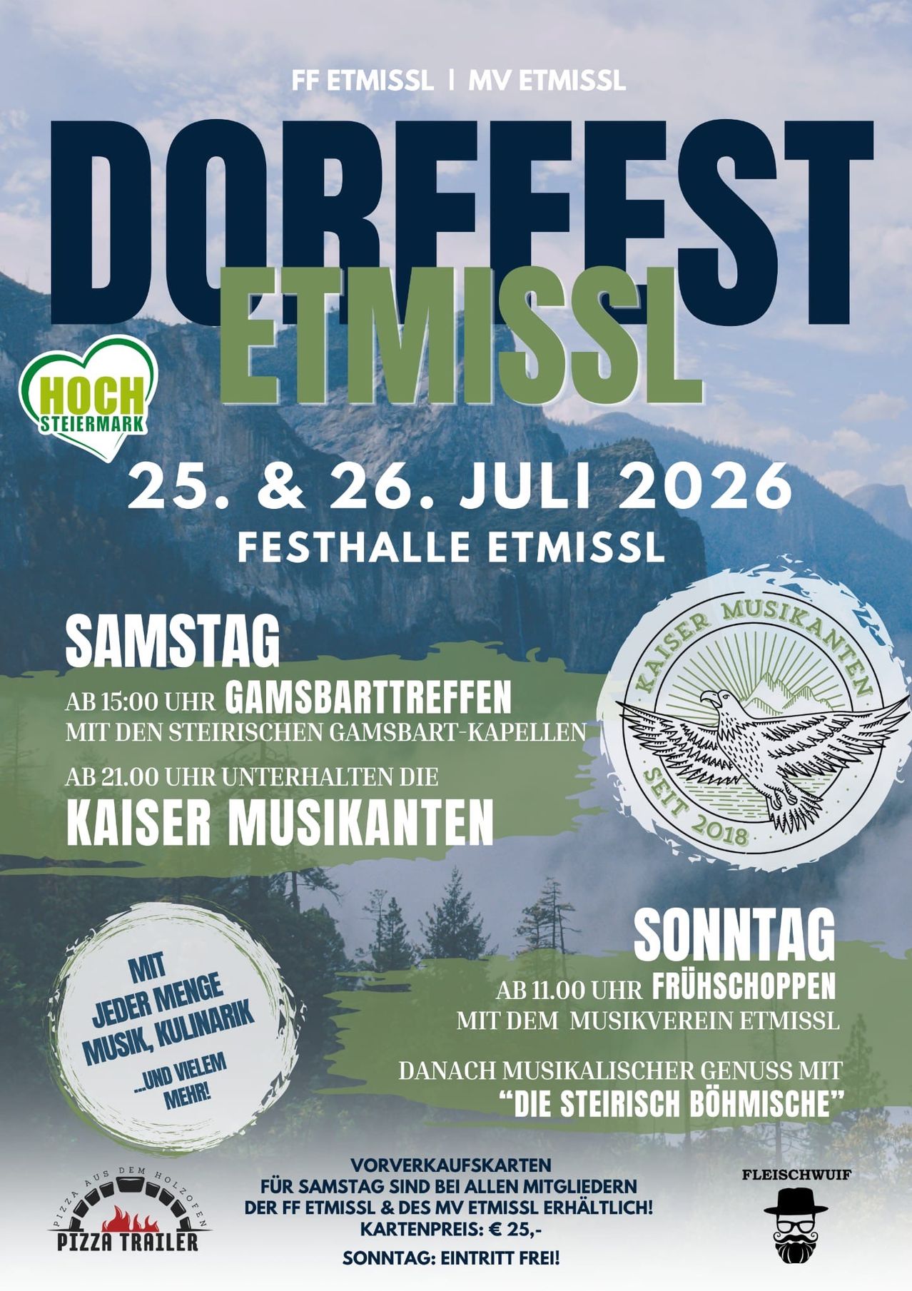 Plakat für das Dorffest Etmissl am 25. und 26. Juli 2026 mit Berglandschaft, Musikgruppen und Aktivitäten wie Ziegenhüten und musikalischen Darbietungen.