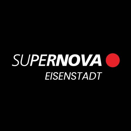 Schwarzer Hintergrund mit weißem Text SUPERNOVA und EISENSTADT mit rotem Kreissymbol.