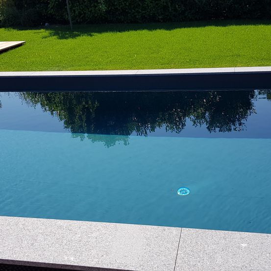 Ein klarer blauer Swimmingpool mit einem kleinen Objekt im Zentrum, umgeben von einem gepflegten Rasen und Grünflächen.
