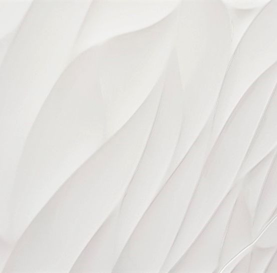 Eine Nahaufnahme einer glatten, weißen Oberfläche mit einem strukturierten, welligen Muster. Die Textur ähnelt einer Kombination aus Wellen und Wirbeln und schafft ein visuell ansprechendes Design.