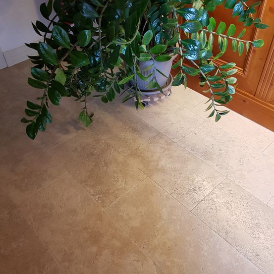 Eine große Topfpflanze mit grünen Blättern steht auf einem beigen Fliesenboden neben einer Holzwand.