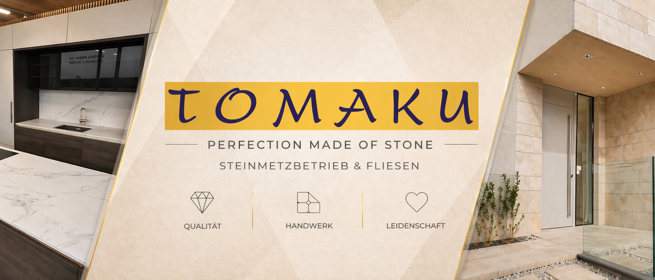 Das Bild zeigt 'Omakuu' und betont Perfektion aus Stein. Darunter steht 'Perfection Made of Stone' mit drei Symbolen: Diamant, Würfel und Herz, die Qualität, Handwerkskunst und Leidenschaft repräsentieren.