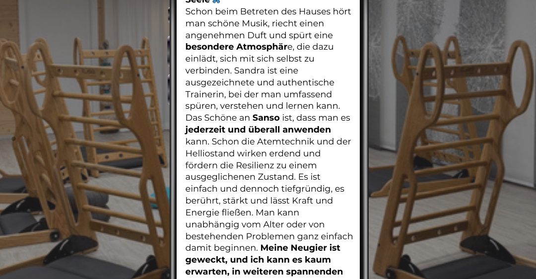 Ein Smartphone zeigt ein Feedback zum Sanso-Konzept. Es beschreibt die Freude am Gebrauch von Sanso zu Hause, betont die schöne Musik, besondere Atmosphäre und Verbindung zu Trainern. Es hebt Sansos Einfachheit, Widerstandsfähigkeit und Fähigkeit hervor, Stärke, Energie und Freude zu fördern. Das Feedback endet mit Dank von Melanie.