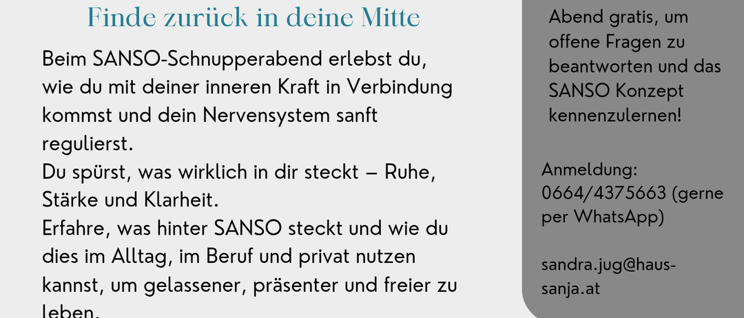 Das Bild zeigt einen Flyer für SANSO Schnupperabende. Es zeigt Menschen, die mit SANSO-Geräten interagieren und betont Entspannung und die Vorteile von SANSO für das geistige Wohlbefinden. Der Flyer enthält einen Zeitplan für die Veranstaltung und Kontaktinformationen.