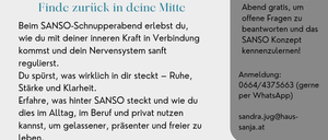 Das Bild zeigt einen Flyer für SANSO Schnupperabende. Es zeigt Menschen, die mit SANSO-Geräten interagieren und betont Entspannung und die Vorteile von SANSO für das geistige Wohlbefinden. Der Flyer enthält einen Zeitplan für die Veranstaltung und Kontaktinformationen.