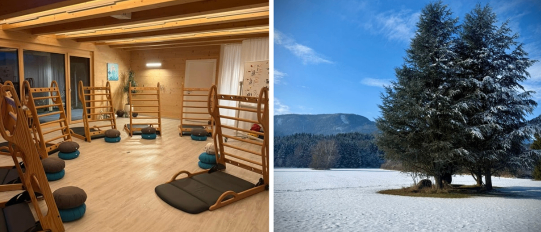 Das Bild zeigt das Innere eines Fitnessstudios mit Holzgeräten und einer verschneiten Außenlandschaft mit einem Baum.