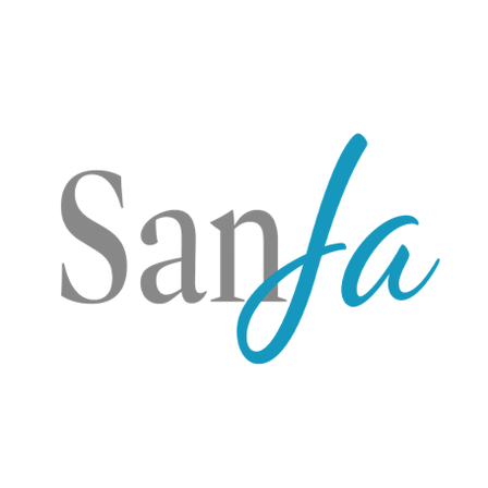 Das Wort 'Sanfa' in stilisierter blauer Schrift auf weißem Hintergrund. Die Buchstaben sind in einer fließenden kursiven Schriftart.