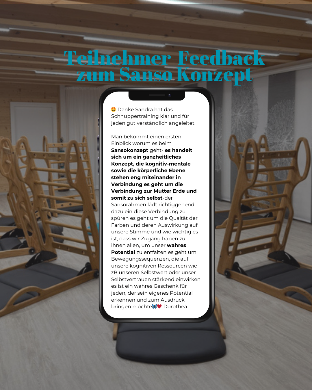 Ein Handy-Bildschirm zeigt eine Nachricht von Sandra, die das Sanso-Konzept erklärt. Es ist ganzheitlich und berücksichtigt sowohl die kognitive-mentale als auch die körperliche Ebene. Das Konzept dreht sich um die Verbindung zur Mutter Erde. Das Bild zeigt hölzerne Trainingsgeräte in einem Fitnessstudio.