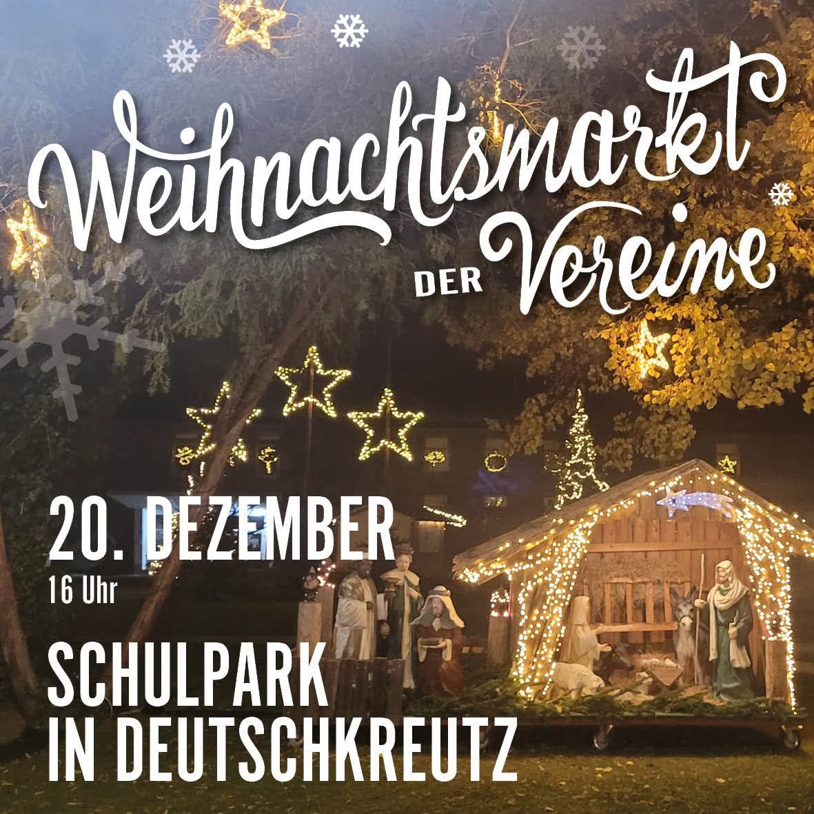 Werbeplakat für den Weihnachtsmarkt des Vereins mit einer Krippe unter Sternen und Weihnachtslichtern in einem Park am 20. Dezember um 16 Uhr.