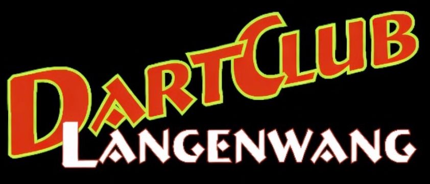 Das Wort Dartclub in rotem und weißem Schriftdesign auf schwarzem Hintergrund, mit Langenwann darunter in weißer Schrift.