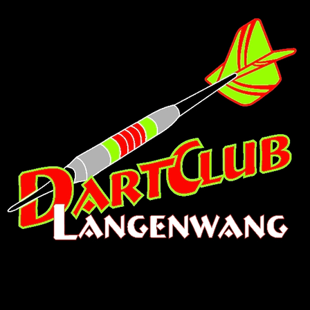 DartClub Langenwang Logo mit einem Dart mit roten und grünen Federn auf schwarzem Hintergrund.