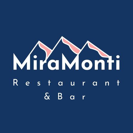 Ein Logo für das MiraMonti Restaurant und Bar. Der Name ist weiß auf blauem Hintergrund geschrieben. Über dem Namen sind rosafarbene Berge.
