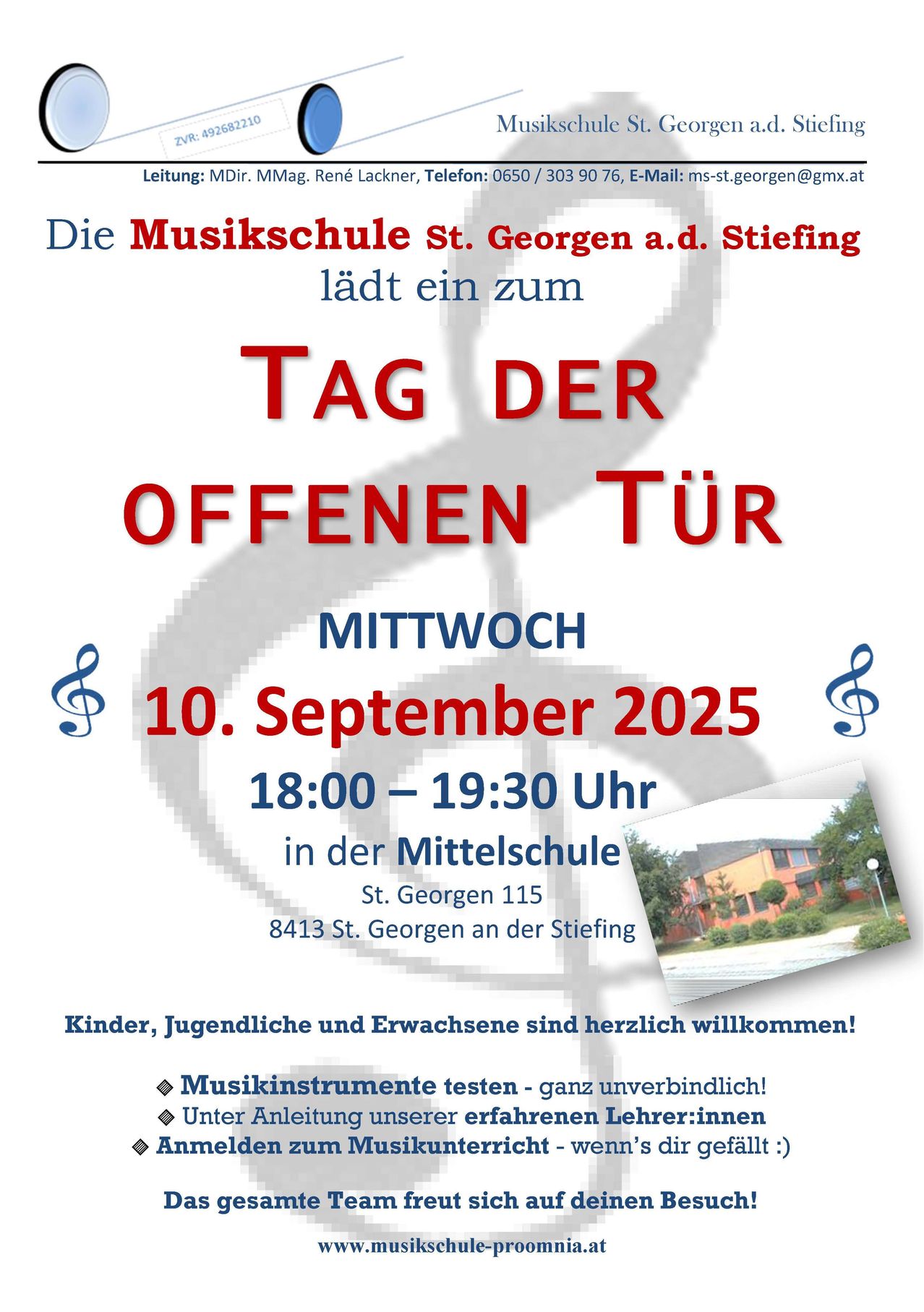 Einladung zur Musikschule St. Georgen a.d. Stiefeling zum Tag der offenen Tür am Mittwoch, 10. September 2025, von 18:00 bis 19:30 Uhr in der Mittelschule, St. Georgen 115, 8413 St. Georgen an der Stiefeling. Kinder, Jugendliche und Erwachsene sind herzlich willkommen! Musikinstrumente können unter Anleitung unserer erfahrenen Lehrerinnen getestet werden.