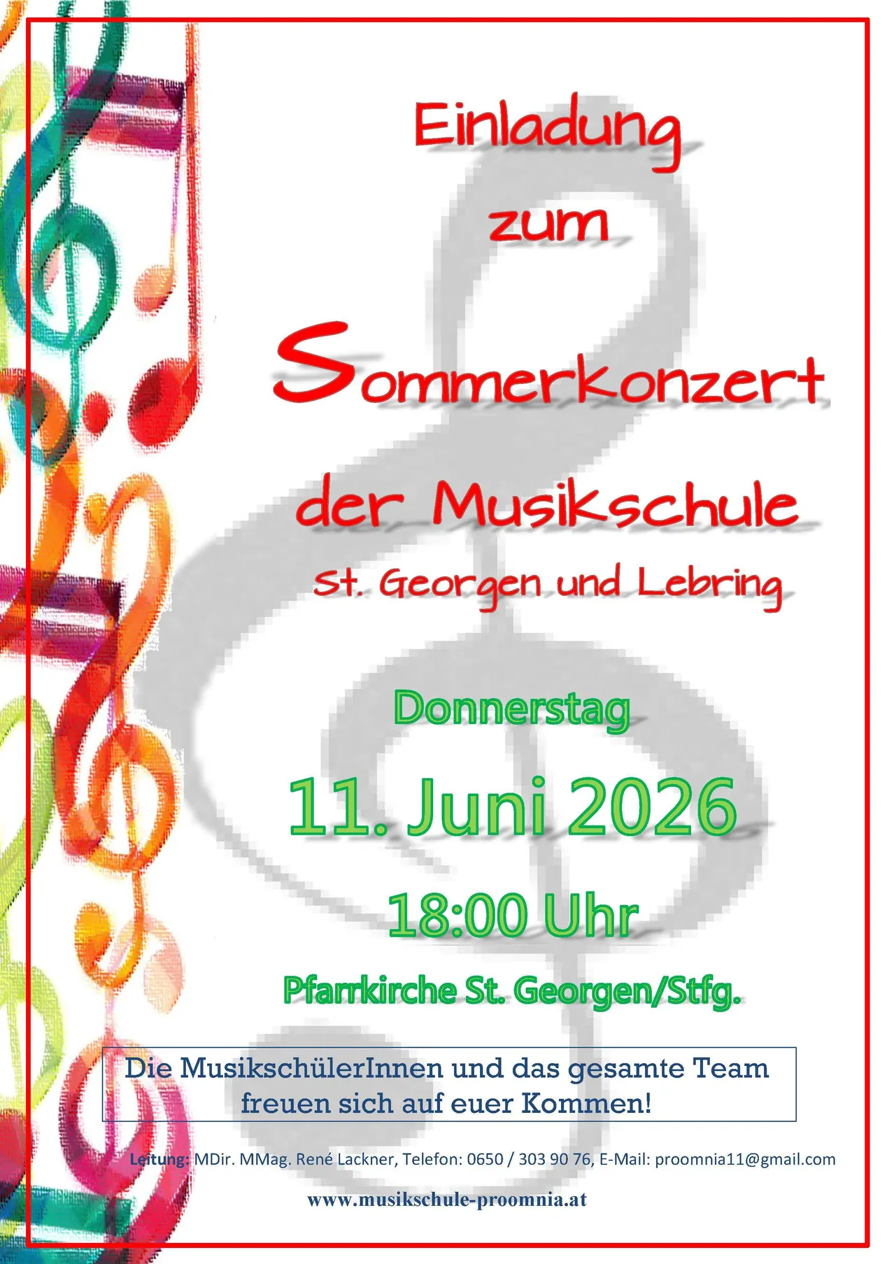 Plakat für ein Sommerkonzert der Musikschule in St. Georgen und Lehring am Donnerstag, 11. Juni 2026, um 18:00. Ort: Pfarrkirche St. Georgen/Stfg.