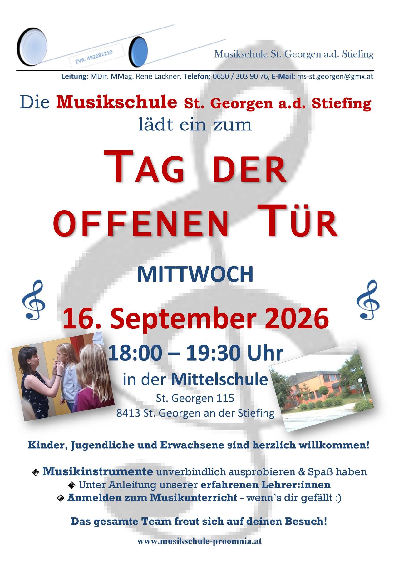 Plakat für einen Tag der offenen Tür an der Musikschule in St. Georgen, der Kinder, Jugendliche und Erwachsene einlädt, Instrumente auszuprobieren und Spaß zu haben. Die Veranstaltung findet am Mittwoch, 16. September 2026, von 18:00 bis 19:30 Uhr in der Mittelschule statt.