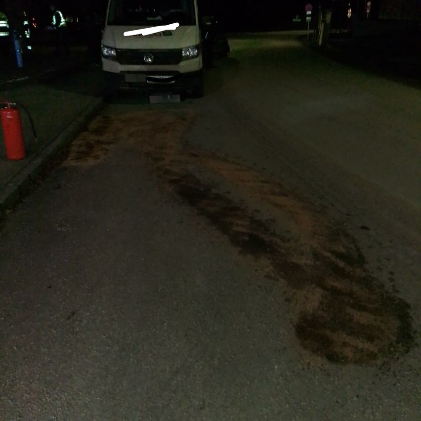 Ein Van steht am Straßenrand, mit braunen Flecken auf dem Bürgersteig. Ein Feuerlöscher befindet sich am Gehweg. In der Ferne sind weitere Fahrzeuge und Personen zu sehen.