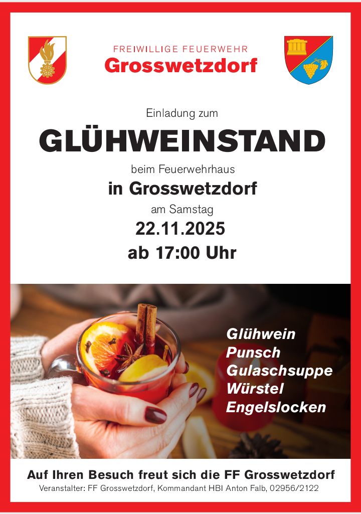 An invitation to the mulled wine event at the fire station in Grosswetzdorf on Saturday, November 22, 2025, starting at 5:00 PM. Features mulled wine, punch, goulash soup, sausages, and angel socks.