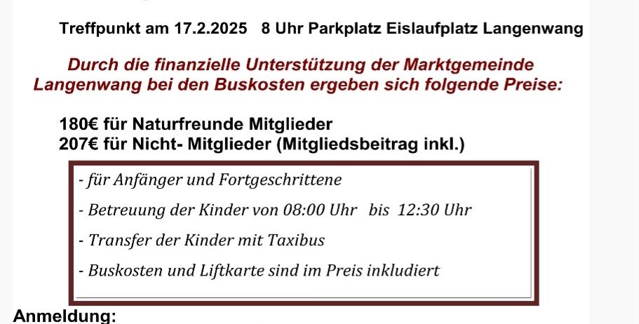 Ein Flugblatt bewirbt einen Skiausflug vom 17. bis 20. Februar 2026 in Sankt Kathrein am Hauenstein. Treffpunkt ist am 17. Februar 2025 um 8 Uhr. Die Skiliftkosten betragen 180€ für Mitglieder und 207€ für Nichtmitglieder. Beinhaltet Transport, Liftkarte und Kinderbetreuung. Anmeldung erforderlich.
