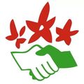 Ein Logo mit zwei Händeschütteln, verziert mit drei roten Sternen darüber, auf weißem Hintergrund.