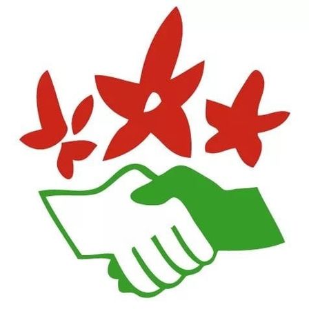 Ein Logo mit zwei Händeschütteln, verziert mit drei roten Sternen darüber, auf weißem Hintergrund.