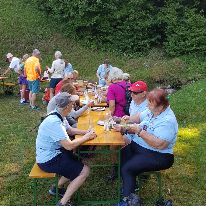 Eine Gruppe älterer Menschen sitzt an einem langen Tisch in einem Park und genießt eine Mahlzeit. Einige tragen Hüte und Brillen. Der Tisch ist mit Tellern, Flaschen und Essen gedeckt. Im Hintergrund sieht man einen Rasenbereich mit Bäumen und einem kleinen Bach.