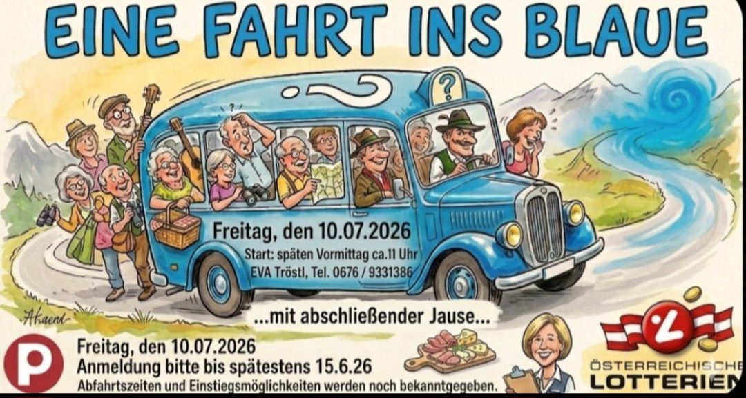 Ein Cartoon-Plakat bewirbt eine Busfahrt mit einem blauen Bus mit der Aufschrift 'NE FAHRT INS BLA'. Im Inneren befinden sich Menschen, einige mit Instrumenten, und ein Datum vom 10. Juli 2026 wird erwähnt.