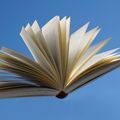 Ein offenes Buch mit wehenden Seiten im Wind gegen einen blauen Himmel, das Text und Illustrationen zeigt.