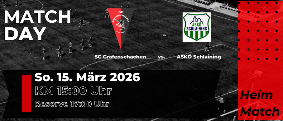Schwarz-Weiß-Foto eines Fußballfeldes mit SC Grafenschachen gegen ASKO Schlaining. Datum: 15. März 2026. Zeit: 15:00 und 17:00.