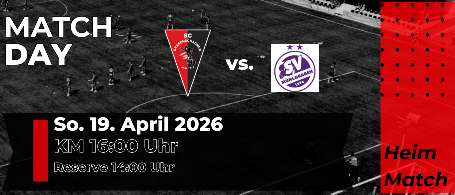 Ein Schwarz-Weiß-Bild zeigt ein Fußballspiel mit den Teams SC Grafening und SV Mühlgraben. Das Spiel ist für den 19. April 2026 angesetzt.