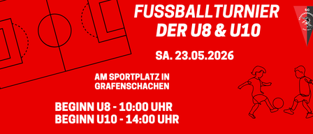 Red poster for a soccer tournament in Grafenschachen. It features a soccer field outline and a player kicking a ball. The event is scheduled for May 23, 2026.