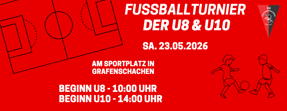 Roter Plakat für ein Fußballturnier in Grafenschachen. Es zeigt eine Fußballfeldskizze und einen Spieler, der einen Ball tritt. Die Veranstaltung ist für den 23. Mai 2026 geplant.
