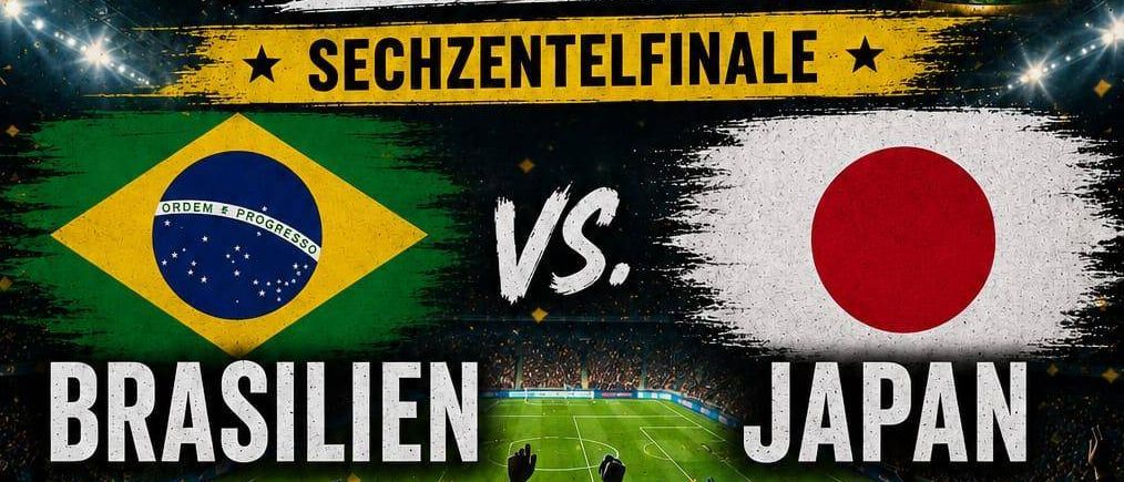 Das Plakat bewirbt ein Fußballspiel zwischen Brasilien und Japan bei der WM 2026. Das Spiel ist für den 29. Juni um 18:30 Uhr auf dem Sportplatz Grafenschachen angesetzt.