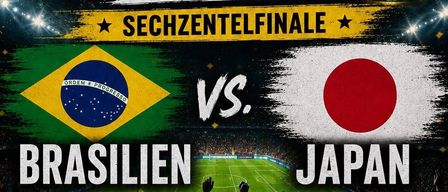 Das Plakat bewirbt ein Fußballspiel zwischen Brasilien und Japan bei der WM 2026. Das Spiel ist für den 29. Juni um 18:30 Uhr auf dem Sportplatz Grafenschachen angesetzt.