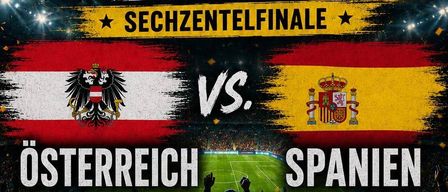 Plakat für das WM-Halbfinale 2026 zwischen Österreich und Spanien. Zeigt Flaggen und den Pokal, mit Zeit- und Veranstaltungsort-Details.