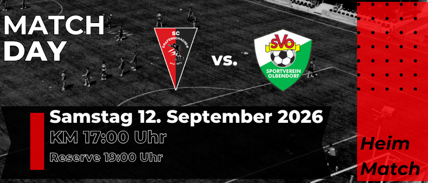 A soccer match poster featuring two teams, SC Grafenschachen and SVO Olbendorf, scheduled for Saturday, September 12, 2026. The match starts at 5:00 PM, with a reserve match at 7:00 PM.