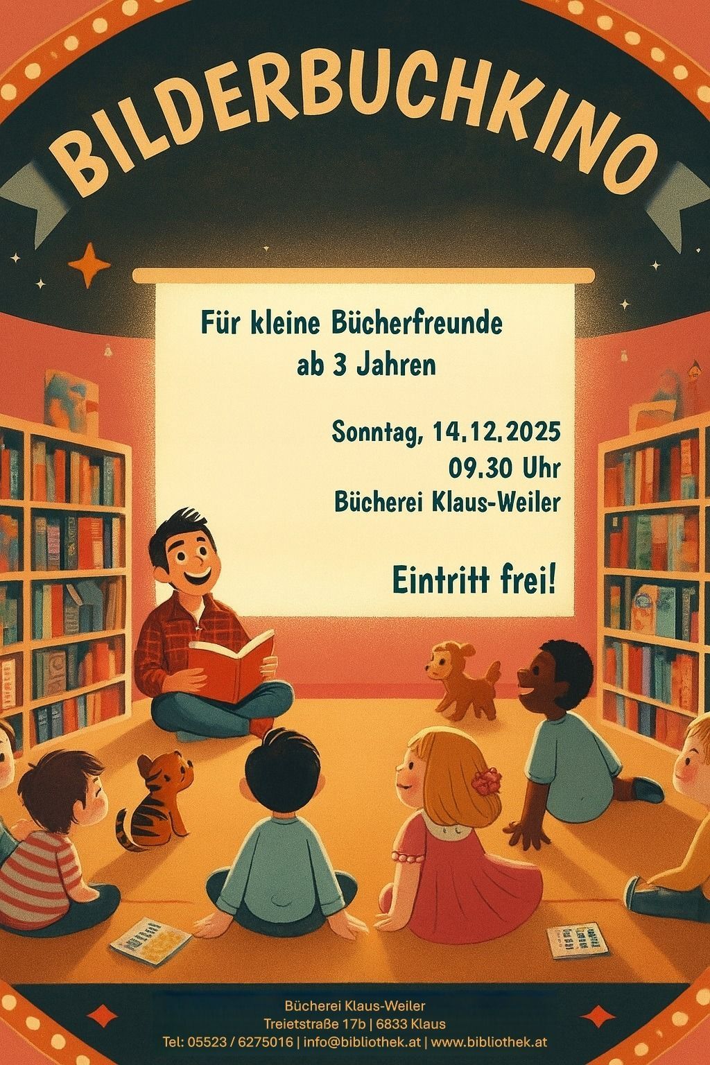 Eine Illustration zeigt einen Mann, der Kindern in einer Bibliothek vorliest. Ein Schild weist auf 'Für kleine Bücherfreunde ab 3 Jahren' hin. Das Datum ist der 14. Dezember 2025 um 9:30 Uhr. Der Eintritt ist frei.