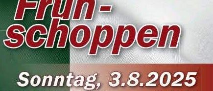 Werbeplakat für das Fruhshoppen-Event. Zeigt ein weißes Kreuz auf grünem Hintergrund mit dem Text Ortsverband Lieboch. Unten ein Foto von zwei Männern beim Akkordeonspielen. Datum und Uhrzeit der Veranstaltung ist Sonntag, 3. August 2025, Beginn um 10:30 Uhr.