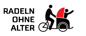 A black and white image with a person riding a tricycle with a child, accompanied by the text 'Radeln Ohne Alter' in bold letters.