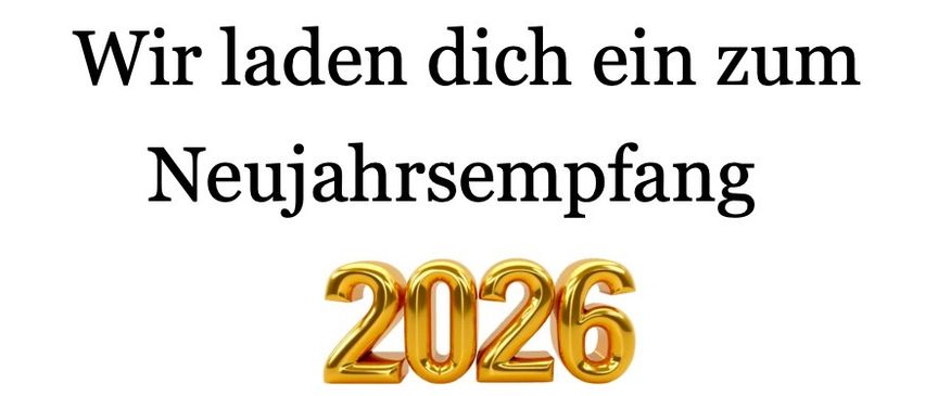 Ein Poster lädt zum Neujahrsempfang 2026 der Ortsgruppe Klaus-Weiler ein. Der Text ist in fetter roter Schrift und die Zahlen 2026 sind golden.