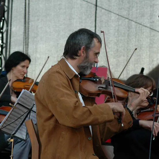 Musical Instrument, Violin, Adult, Male, Man, Person, Microphone, Female, Woman, Group Performance