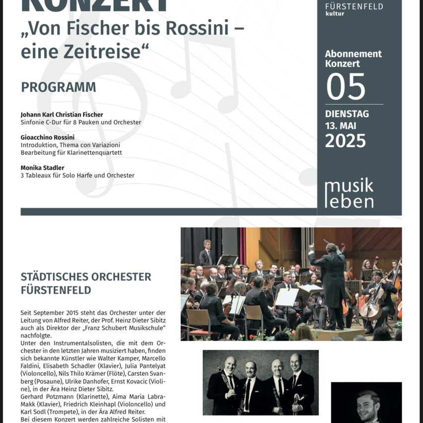 Plakat für ein klassisches Musikkonzert des Stadtischen Orchesters Furstenfeld mit einer Symphonie von Johann Karl Christian Fischer und einem Klarinettenquartett von Gioachino Rossini.