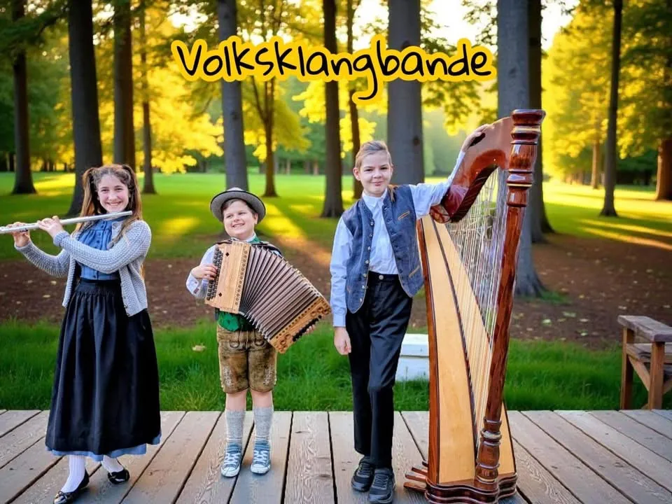 Drei Kinder in traditioneller Kleidung stehen auf einer Holzterrasse, jedes hält ein Musikinstrument. Ein Mädchen spielt die Flöte, ein Junge das Akkordeon und ein anderer Junge die Harfe. Der Hintergrund zeigt ein Grasfeld mit Bäumen.