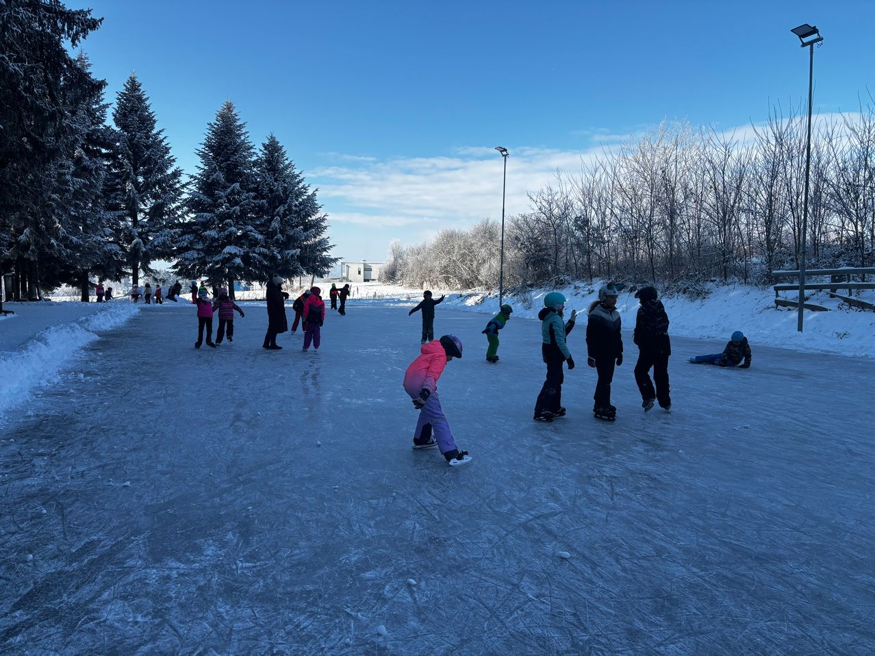 Kinder skaten auf einer Freiluftbahn unter blauem Himmel. Schneebedeckte Bäume und Büsche umgeben die Bahn. Ein Straßenlicht steht auf der rechten Seite.