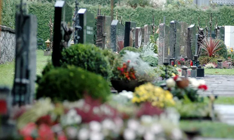 Ein Friedhof mit ordentlich angeordneten Grabsteinen und einer Vielzahl von Blumen und Pflanzen, darunter rote, gelbe und weiße Blumen, und einer Hecke im Hintergrund.