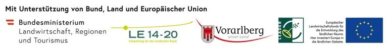 Das Bild zeigt Logos und Sponsoren für ein landwirtschaftliches, regionales und touristisches Projekt. Die Logos beinhalten das Bundesministerium, Vorarlberg und den Europäischen Landwirtschaftsfonds für die Entwicklung des ländlichen Raums.