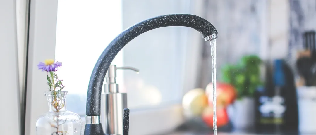 Eine Küchenspüle mit fließendem Wasser aus einem schwarzen Wasserhahn. Ein Glasvase mit Blumen und ein Seifenspender sind in der Nähe. Obst und Küchenutensilien im Hintergrund.