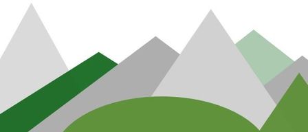 Eine abstrakte Bergketten-Illustration mit verschiedenen Grün- und Grautönen, mit spitzen Gipfeln und einem geschwungenen grünen Hügel am unteren Rand.