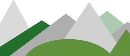 Eine abstrakte Illustration einer bergigen Landschaft mit einem grünen Hügel im Vordergrund. Die Berge sind in Grau- und Grüntönen dargestellt.
