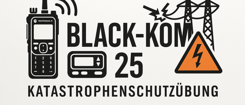 Black-Kom 25 Katastrophenschutzschild mit Funkgerät, Stromleitungen und Warnzeichen.